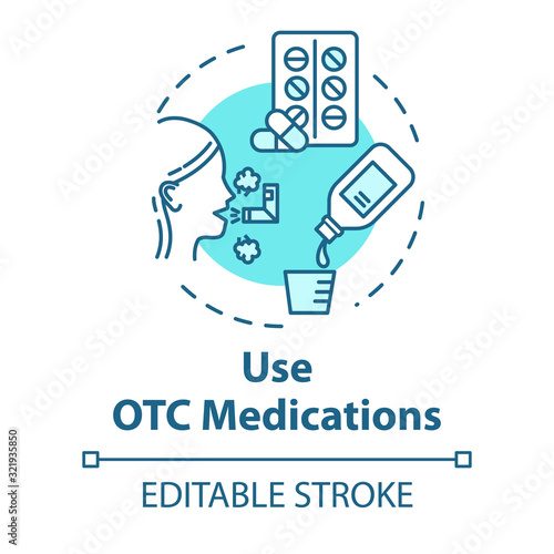 Use OTC medication concept icon. Vaccine cure. Flu medication. Influenza treatment. Healthcare idea thin line illustration. Vector isolated outline RGB color drawing. Editable stroke