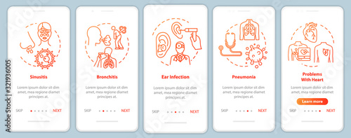 Influenza complication onboarding mobile app page screen with concepts. Stuffy nose. Flu infection walkthrough 5 steps graphic instructions. UI vector template with RGB color illustrations