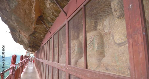 Maijishan Cave-Temple Complex corridor in Tianshui city, Gansu Province China. A mountain with religious caves on the Silk Road