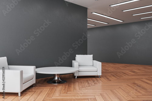 Minimalistic waiting room interior with two chairs