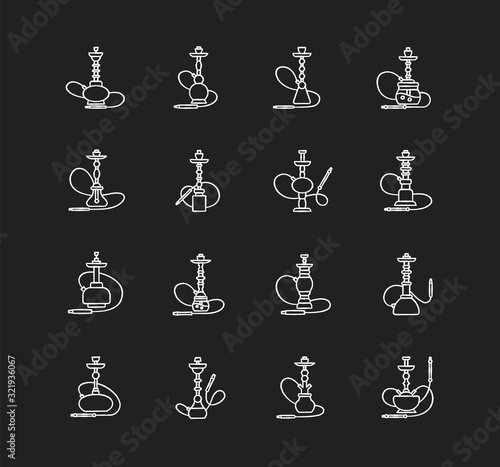 Hookah chalk white icons set on black background. Sheesha bar. Hooka accessories. Smoke area. Vapor, vaping. Tobacco option. Arabic lounge. Isolated vector chalkboard illustrations