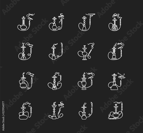 Hookah with odor chalk white icons set on black background. Incense puff from water pipe. Tobacco, marijuana. Sheesha bar. Smoke area. Arabic bar. Isolated vector chalkboard illustrations