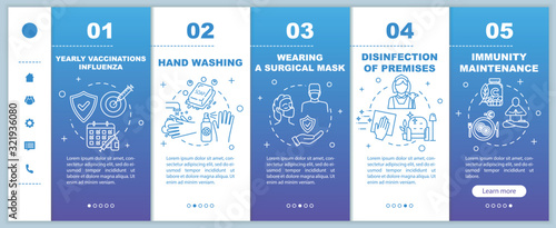 Influenza virus precaution onboarding vector template. Sanitation and hygiene habits. Premises disinfection. Responsive mobile website with icons. Webpage walkthrough step screens. RGB color concept