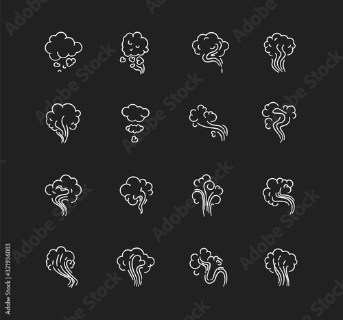 Odor chalk white icons set on black background. Emission, evaporation. Smell from hookah. Aroma from cannabis. Cigarette stream. Stink, fog. Isolated vector chalkboard illustrations