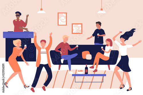 Disco home party, discotheque, holiday celebration vector illustration. Leisure, soiree, recreation, entertainment. Male and female party visitors resting together, DJ and dancers flat characters
