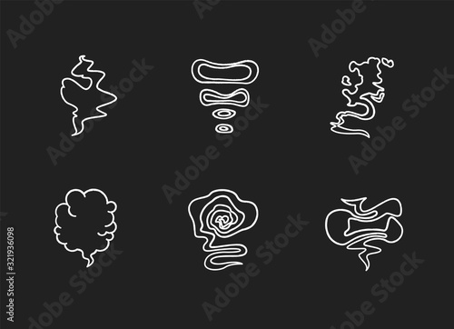 Odor chalk white icons set on black background. Smell from hookah. Aroma from cannabis. Cigarette stream. Bad scent. Hot mist. Incense, stench. Isolated vector chalkboard illustrations