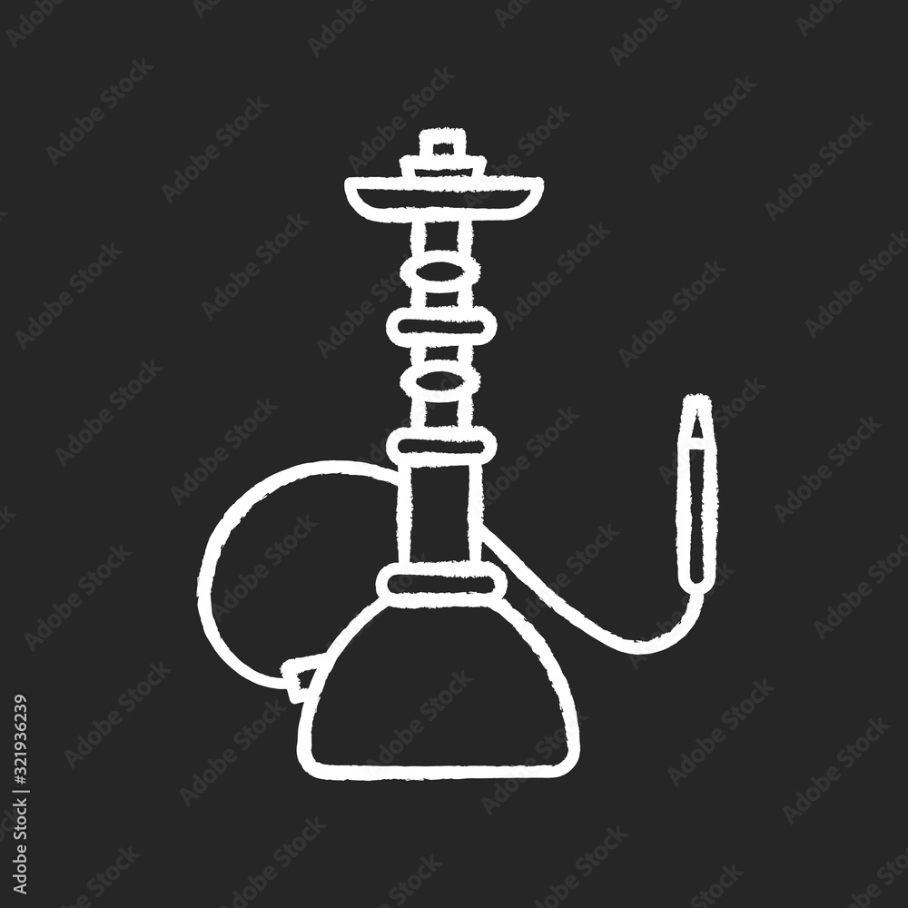 Obraz premium Hookah chalk white icon on black background. Sheesha house. Assembled hooka body. Nargile lounge. Odor from pipe. Scent of vaporizing. Smoking area. Isolated vector chalkboard illustration