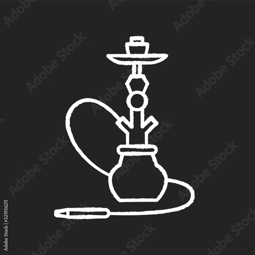 Hookah chalk white icon on black background. Sheesha house. Egyptian relaxation. Nargile lounge. Odor from pipe. Scent of vaporizing. Smoking area. Isolated vector chalkboard illustration