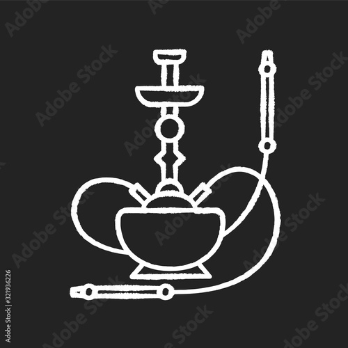 Hookah chalk white icon on black background. Sheesha house. Cultural qalyan. Nargile lounge. Odor from pipe. Scent of vaporizing. Smoking area. Isolated vector chalkboard illustration