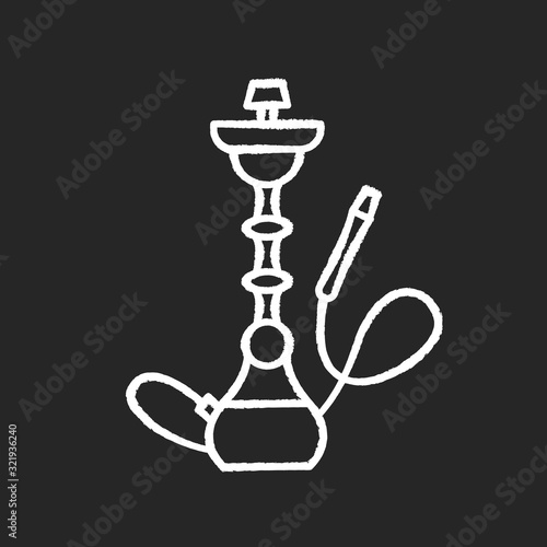 Hookah chalk white icon on black background. Sheesha house. Party object. Nargile lounge. Odor from pipe. Scent of vaporizing. Smoking area. Isolated vector chalkboard illustration