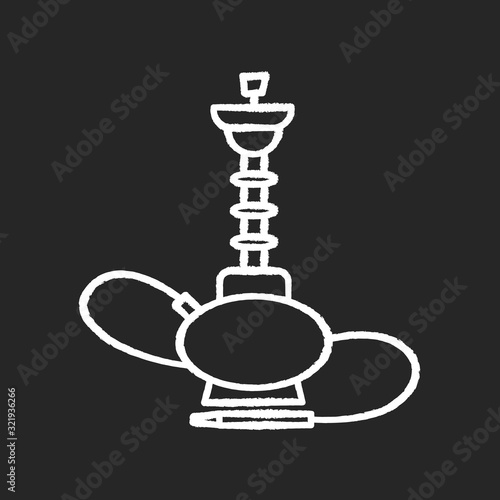 Hookah chalk white icon on black background. Sheesha house. Traditional shisha. Nargile lounge. Odor from pipe. Scent of vaporizing. Smoking area. Isolated vector chalkboard illustration