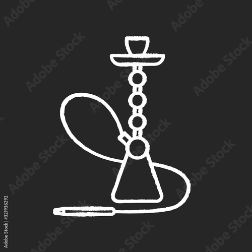 Hookah chalk white icon on black background. Sheesha house. Hooka and shisha menu. Nargile lounge. Odor from pipe. Scent of vaporizing. Smoking area. Isolated vector chalkboard illustration
