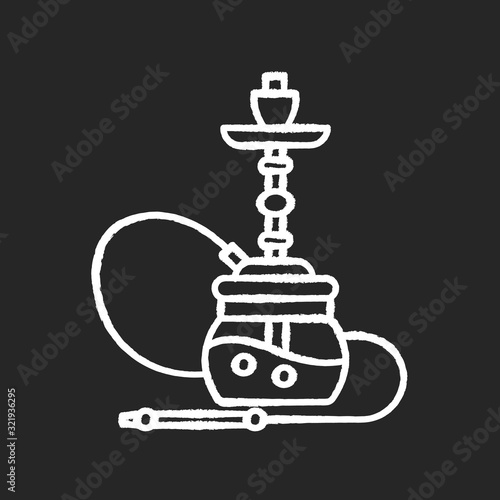 Hookah chalk white icon on black background. Sheesha house. Object to inhale nicotine. Nargile lounge. Odor from pipe. Scent of vaporizing. Smoking area. Isolated vector chalkboard illustration