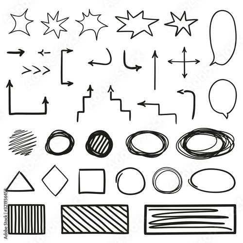 Different signs and shapes. Hand drawn arrow on isolated white background. Abstract arrows and simple geometric shapes
