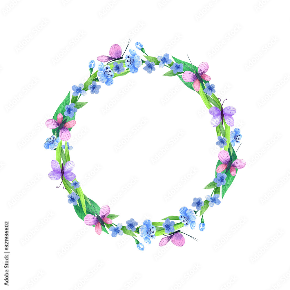 Fototapeta premium Decorative floral wreath. Hand drawn watercolor elements. Perfect for spring decorations.