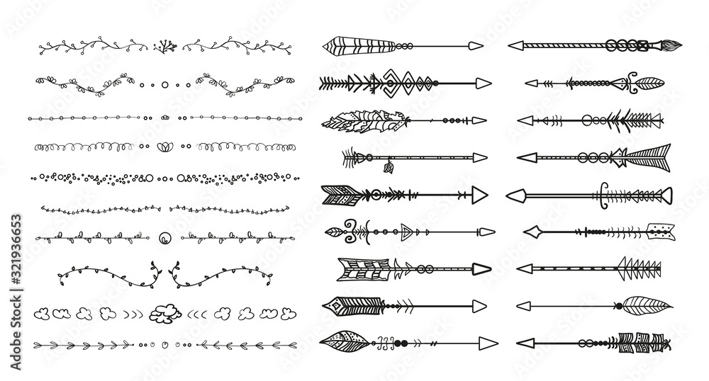 Black ornate dividers and bow arrows on white. Hand drawn ornate elements. Black and white illustration