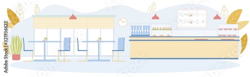 Public Canteen or Self-service Cafeteria Interior.