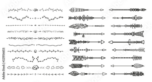 Black ornate dividers and bow arrows on white. Hand drawn ornate elements. Black and white illustration