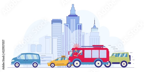 Flat Firefighter Driving Fire Engine in Traffic.