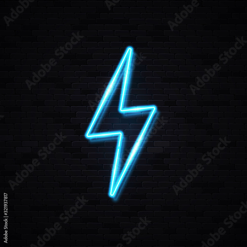 Realistic isolated neon sign of lightning bolt on black brick wall background for flyer decoration covering. Light energy symbol. Concept of lightning, thunder electricity. Bright vector illustration.