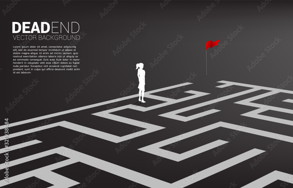 Silhouette of businesswoman at dead end of maze. Business concept for problem and wrong decision. Silhouette of businesswoman at dead end of maze. Business concept for problem and wrong decision.