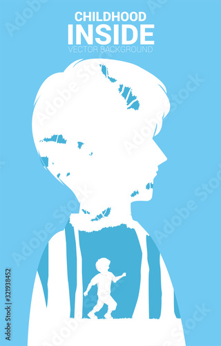 silhouette boy running in natural park inside man profile. Concept for children in the man mind.