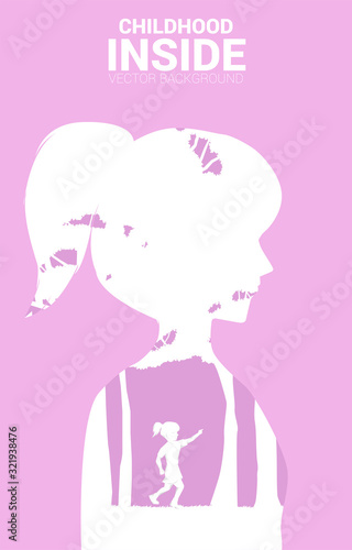 silhouette girl running in natural park inside woman profile. Concept for children in the woman mind.
