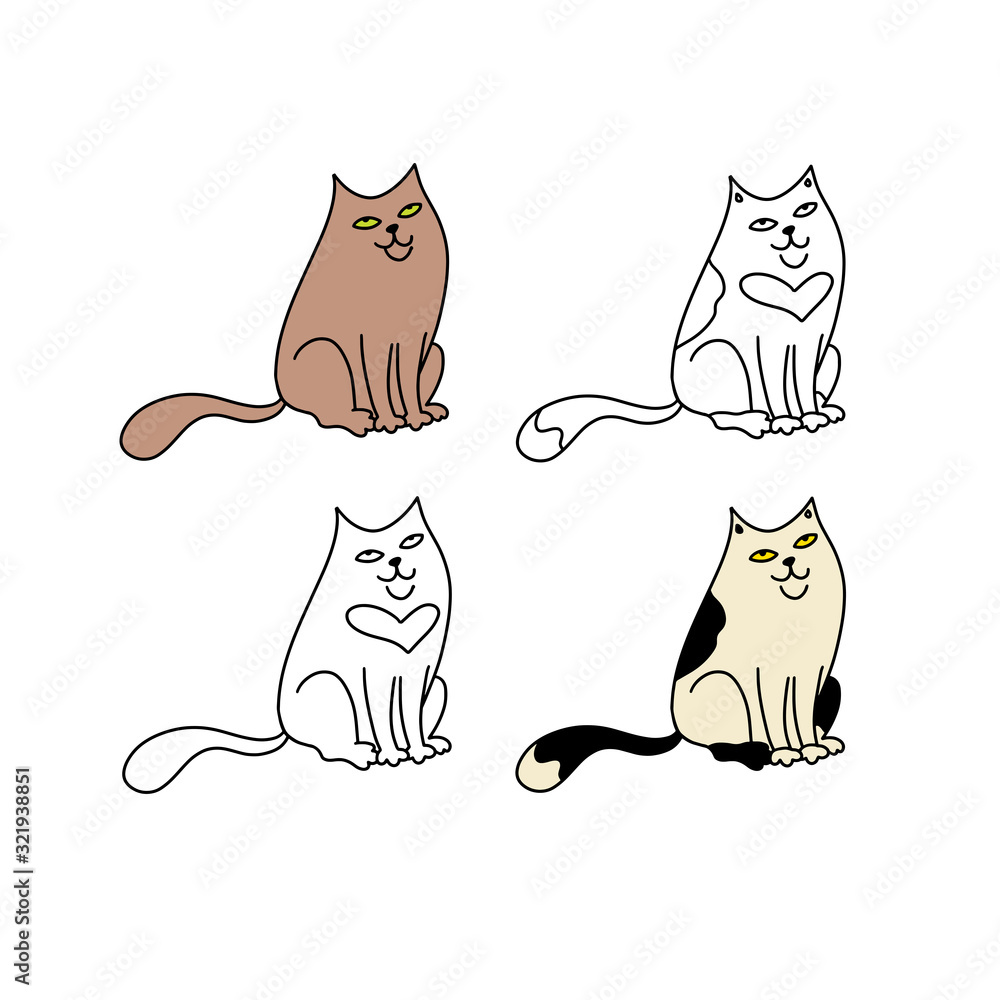 Funny pets on a white background. Different cartoon cats set. Simple modern geometric flat style vector illustration. For decoration of children's rooms, textiles, wallpaper, postcards, etc.