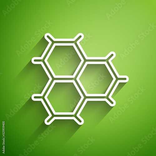 White line Chemical formula consisting of benzene rings icon isolated on green background. Vector Illustration
