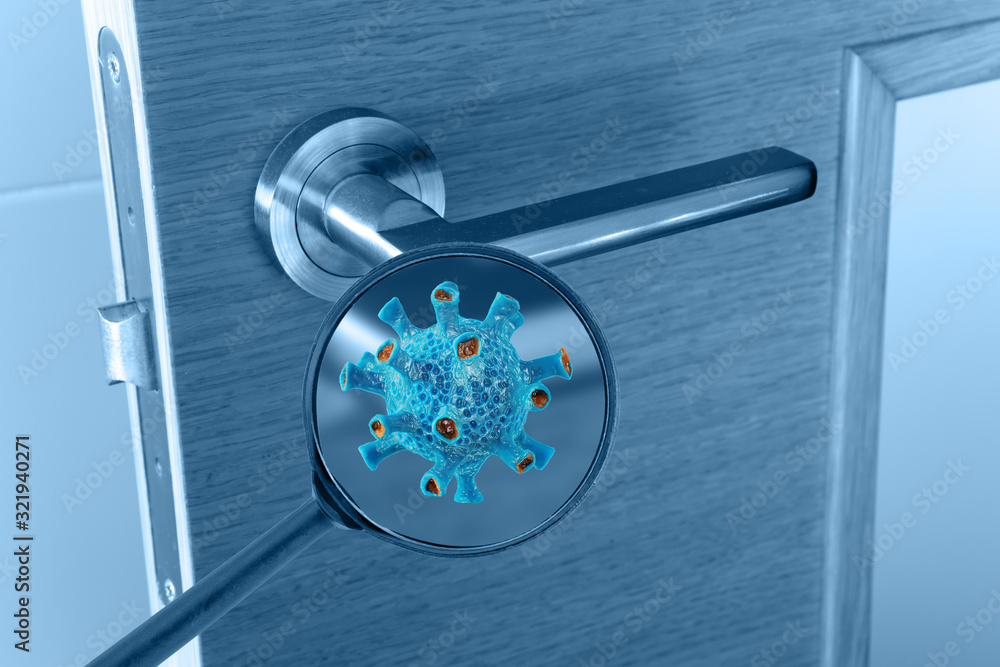 Virus cell on the door handle magnified image - obrazy, fototapety, plakaty 