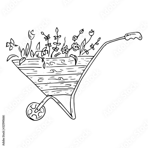 Wheelbarrow for the garden icon. Vector illustration of a garden wheelbarrow for plants. Hand drawn wheelbarrow for the garden.