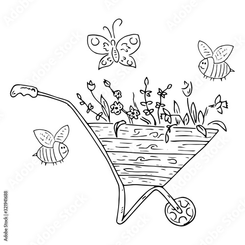 Wheelbarrow for the garden icon. Vector illustration of a garden wheelbarrow for plants. Hand drawn wheelbarrow for the garden.