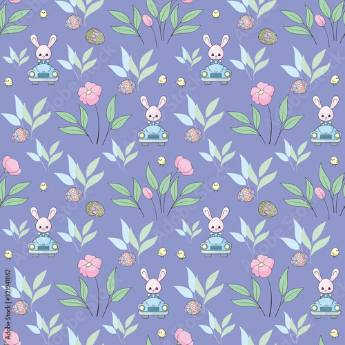 Easter seamless pattern with cute bunnies and colored eggs. Colorful vector background.