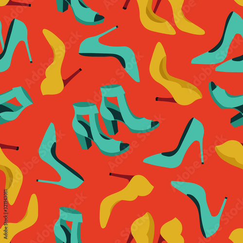 Vector seamless pattern with fashionable shoes. Handdrawn texture design.