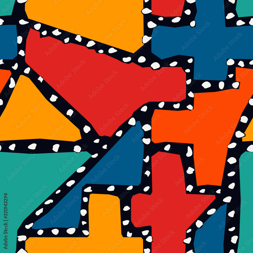 Fototapeta premium Bright modern seamless pattern. Geometric mixed texture surface print. Irregular chaotic grain, amorphous shapes motif