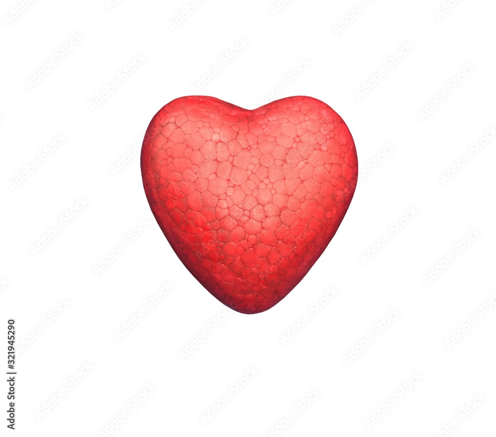Red painted polyfoam heart isolated on white background