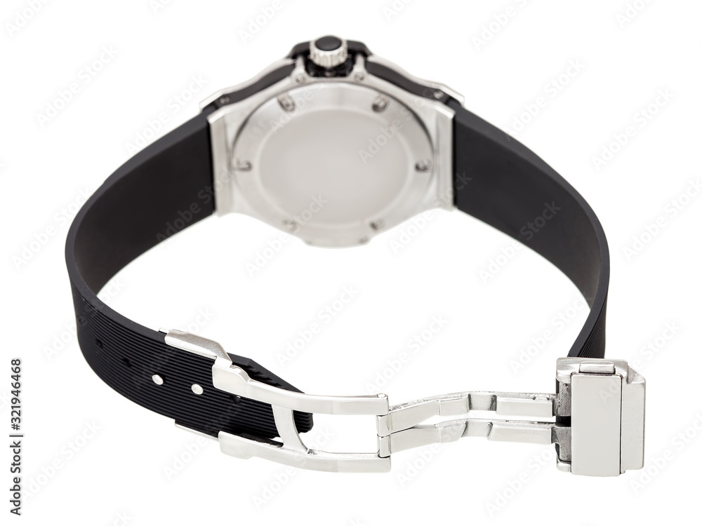 Obraz premium wristwatch with an open lock on a rubber strap of a silver watch back view isolated on white background.