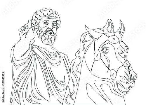  illustration in black and white with a man on a horse