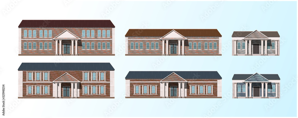 Six options for architecture buildings. Office, home, school, shopping center. Vector. Six options for architecture buildings. Office, home, school, shopping center. Vector.