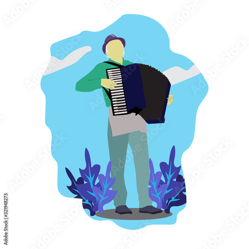 Flat illustration of musician male playing accordion. Accordionist flat style design element.