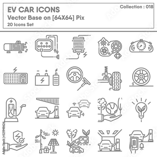 Transportation Vehicle and EV Car Elements Engine System Icon Set, Icons Collection of Transport Innovation for Global and Environment Sustainable. EV Auto Part Technology, Vector Illustration Design.