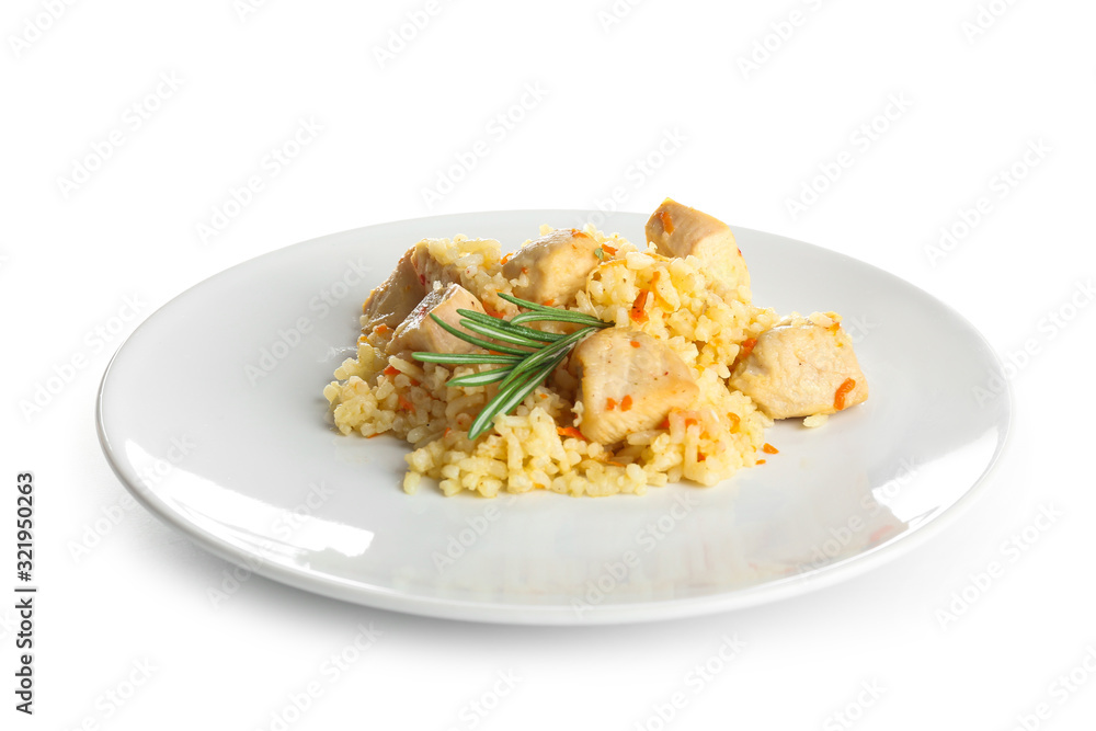 Plate with tasty rice and chicken on white background Plate with tasty rice and chicken on white background