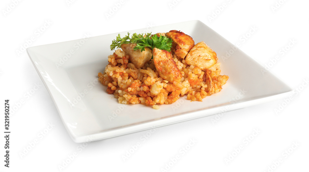 Plate with tasty rice and chicken on white background Plate with tasty rice and chicken on white background