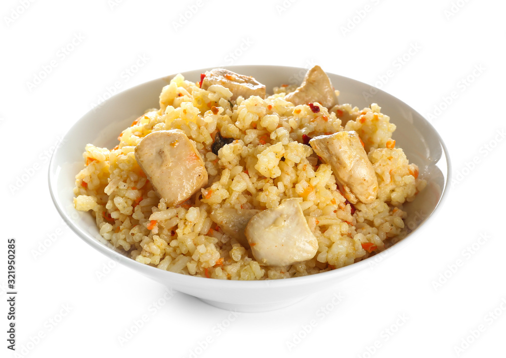 Bowl with tasty rice and chicken on white background Bowl with tasty rice and chicken on white background