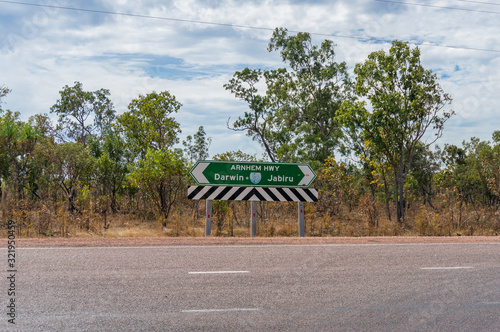 Road sign with directions to Jabiru and Darwin at Arnhem highway, Australia