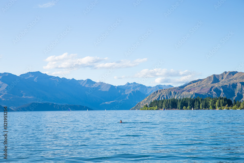 mountains and lake in summer