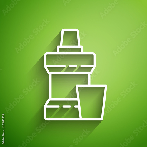 White line Mouthwash plastic bottle and glass icon isolated on green background. Liquid for rinsing mouth. Oralcare equipment. Vector Illustration