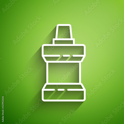 White line Mouthwash plastic bottle icon isolated on green background. Liquid for rinsing mouth. Oralcare equipment. Vector Illustration