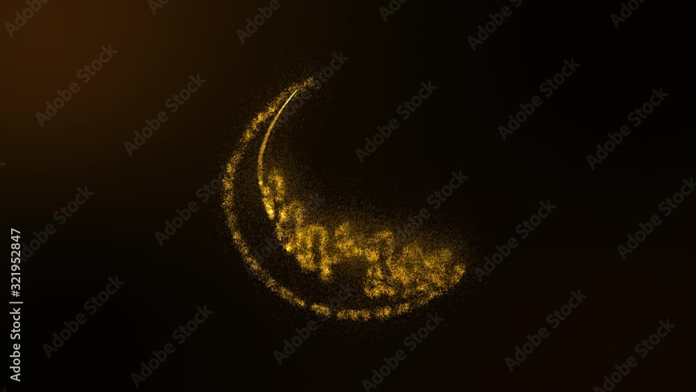 Animation abstract background of gold shining sparkles particle creating a crescent with mosque arabic, Ramadan Kareem . Dark and green screen background. Abstract glowing crescent. Animation abstract background of gold shining sparkles particle creating a crescent with mosque arabic, Ramadan Kareem . Dark and green screen background. Abstract glowing crescent.