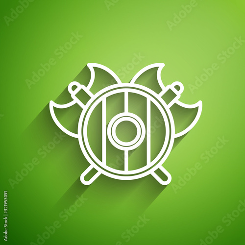 White line Medieval shield with crossed axes icon isolated on green background. Battle axe, executioner axe. Vector Illustration